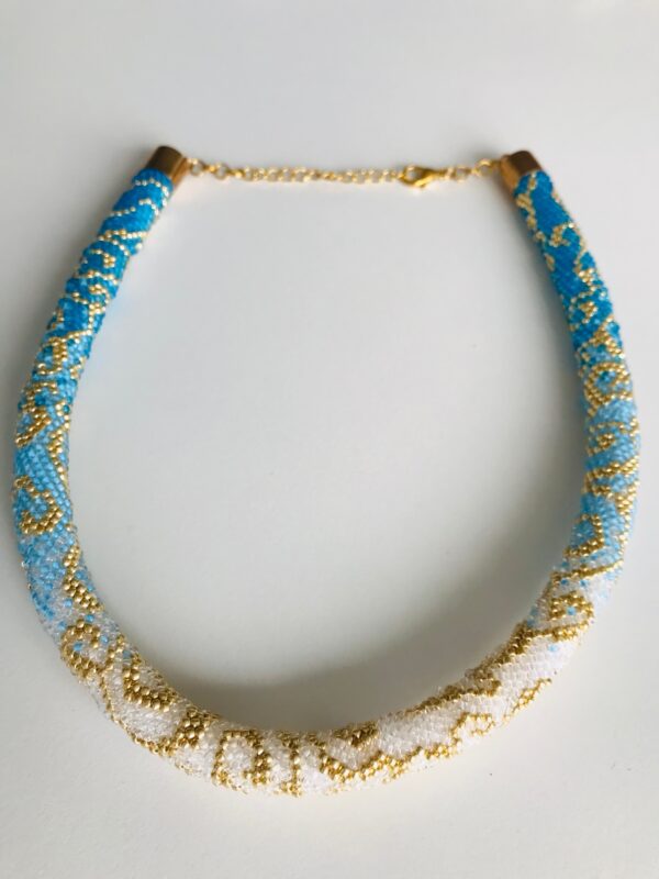Halsband blau weiss gold Perlen